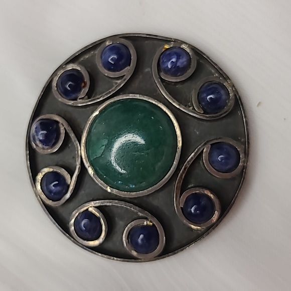 Vintage Mexican Sterling Silver Aventurine and Lapis Brooch - Picture 2 of 10